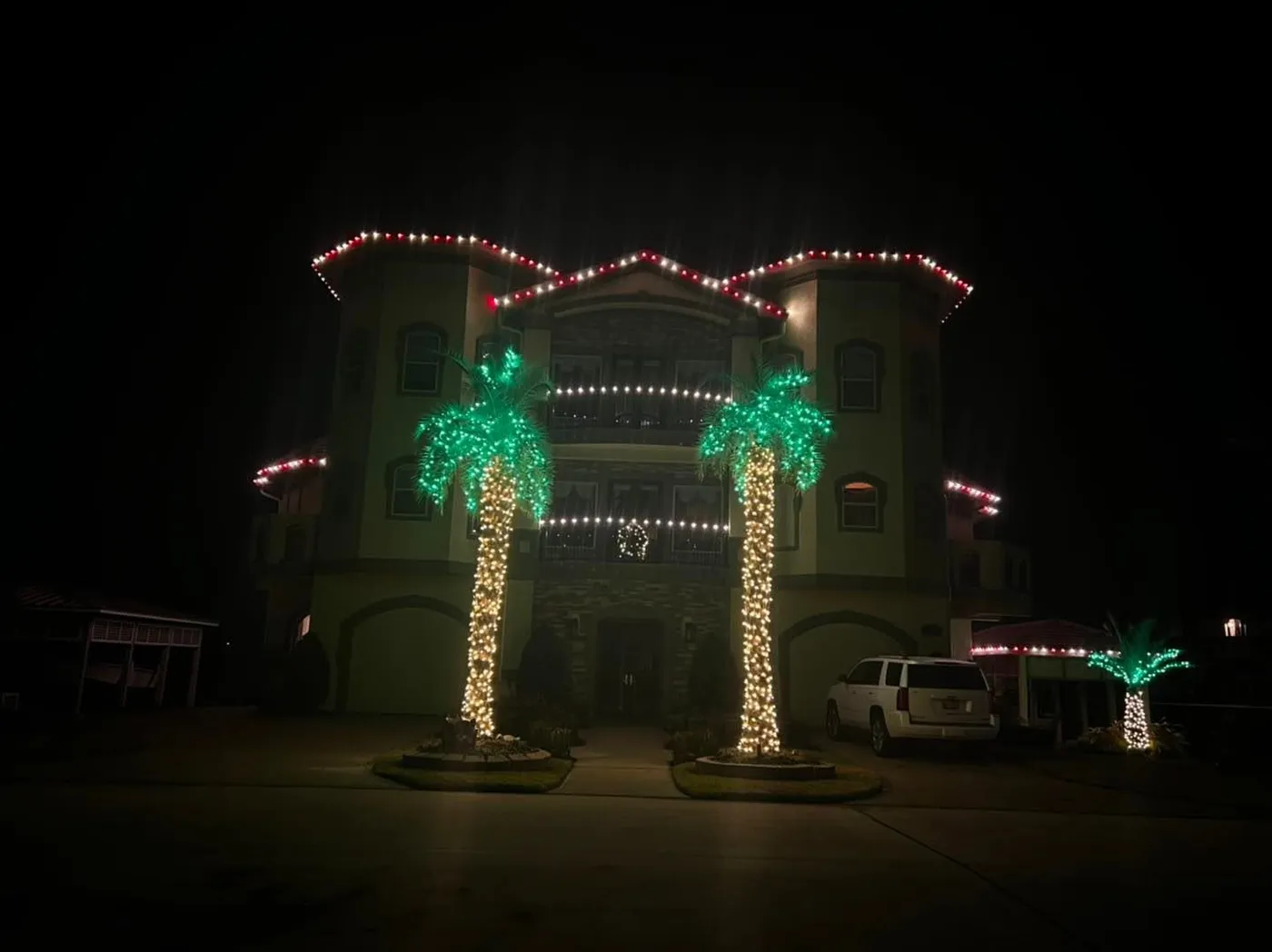 Castle White House front view, roof outlined with palm trees wrapped