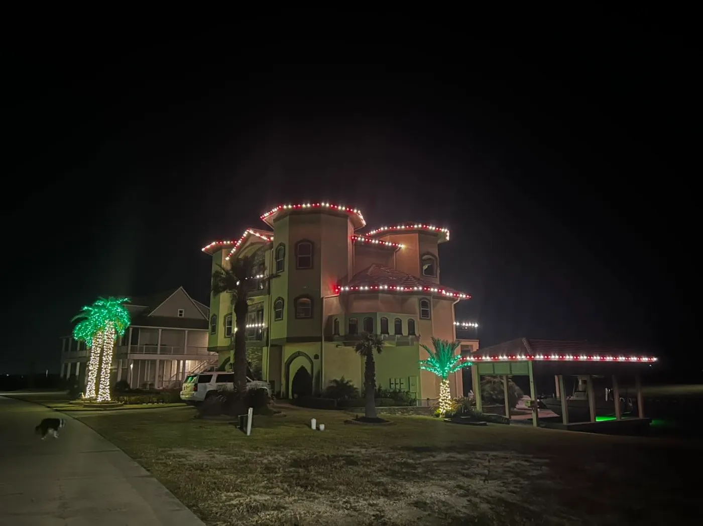 Castle-like house wrapped with lights, palm trees also