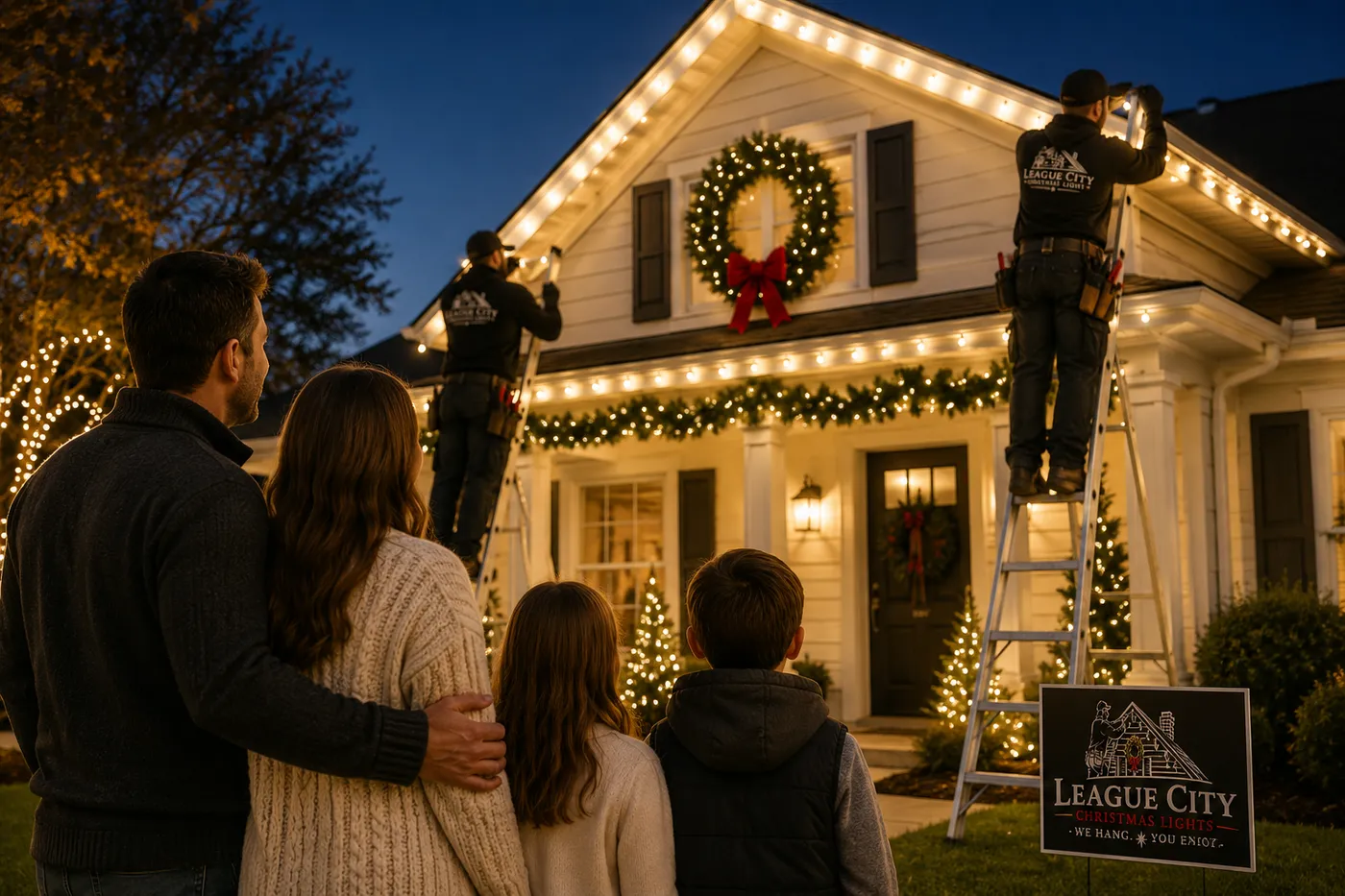 Family watching Christmas light installers