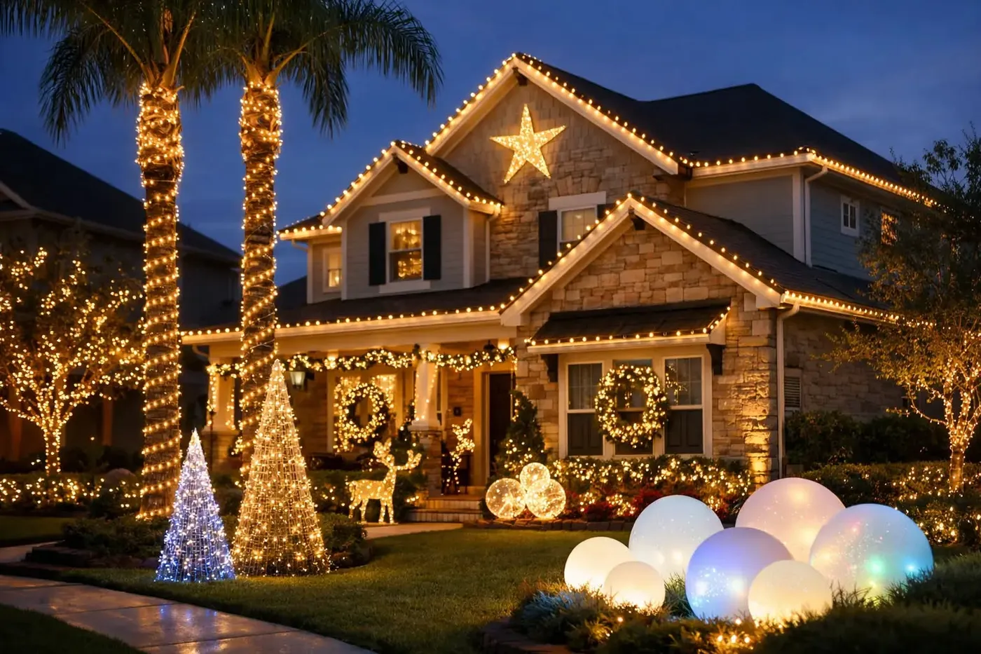 Christmas lights all around with a star on the gable