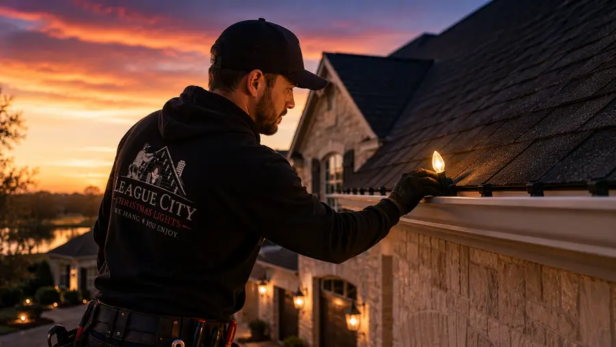 Technician installing commercial-grade lighting along a roofline at dusk
